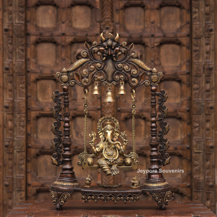Handcrafted Brass Swing Ganesha with Ornamental Temple Arch &amp; Hanging Bells