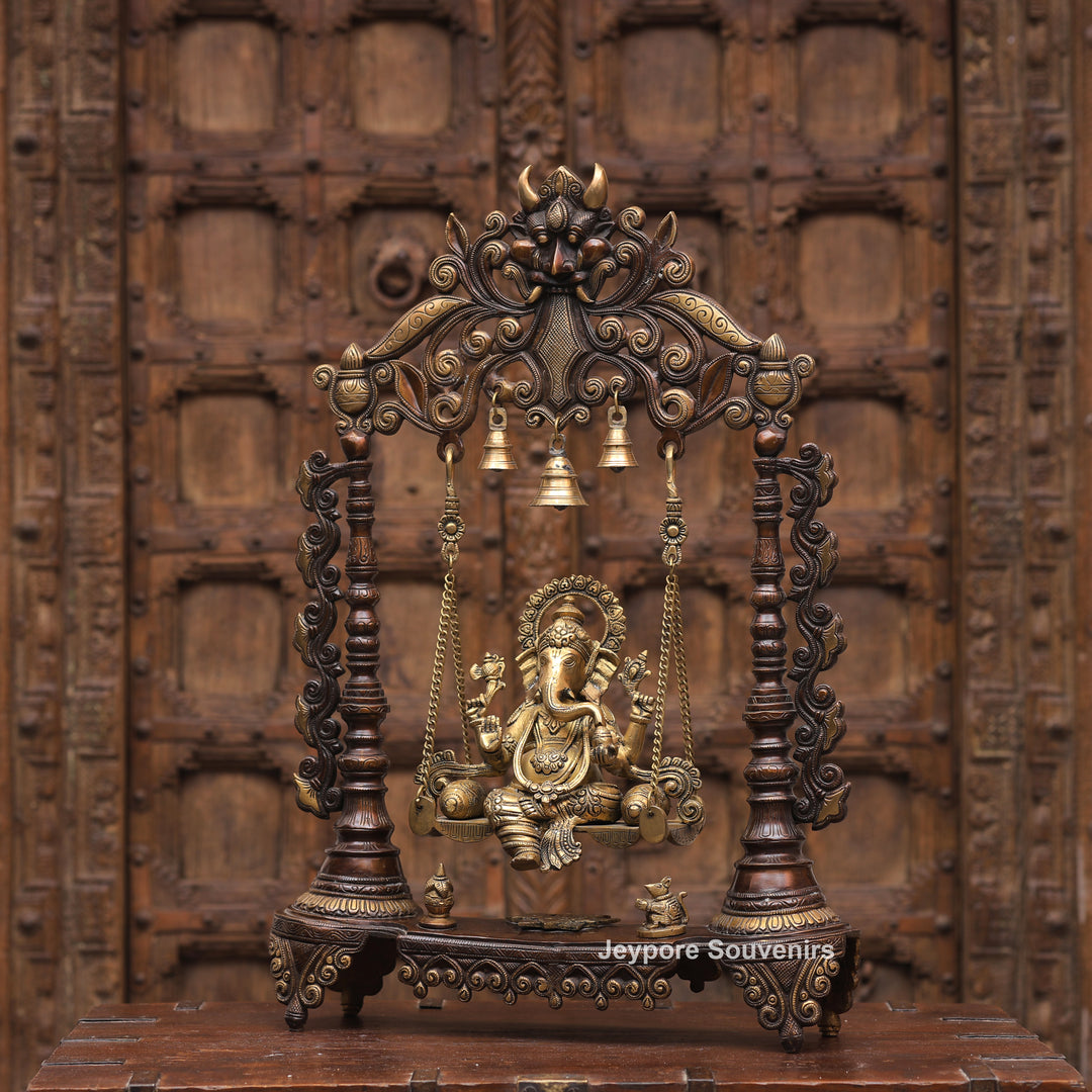 Handcrafted Brass Swing Ganesha with Ornamental Temple Arch &amp; Hanging Bells