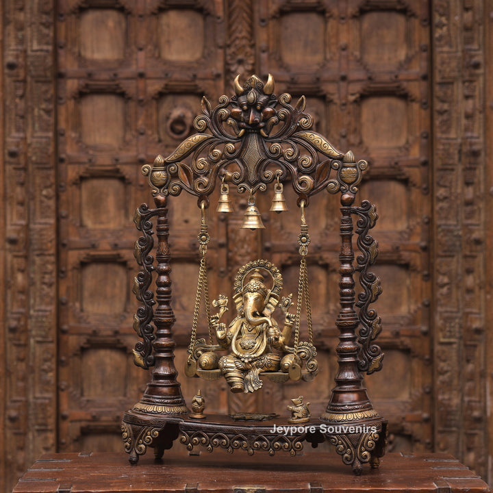 Handcrafted Brass Swing Ganesha with Ornamental Temple Arch &amp; Hanging Bells