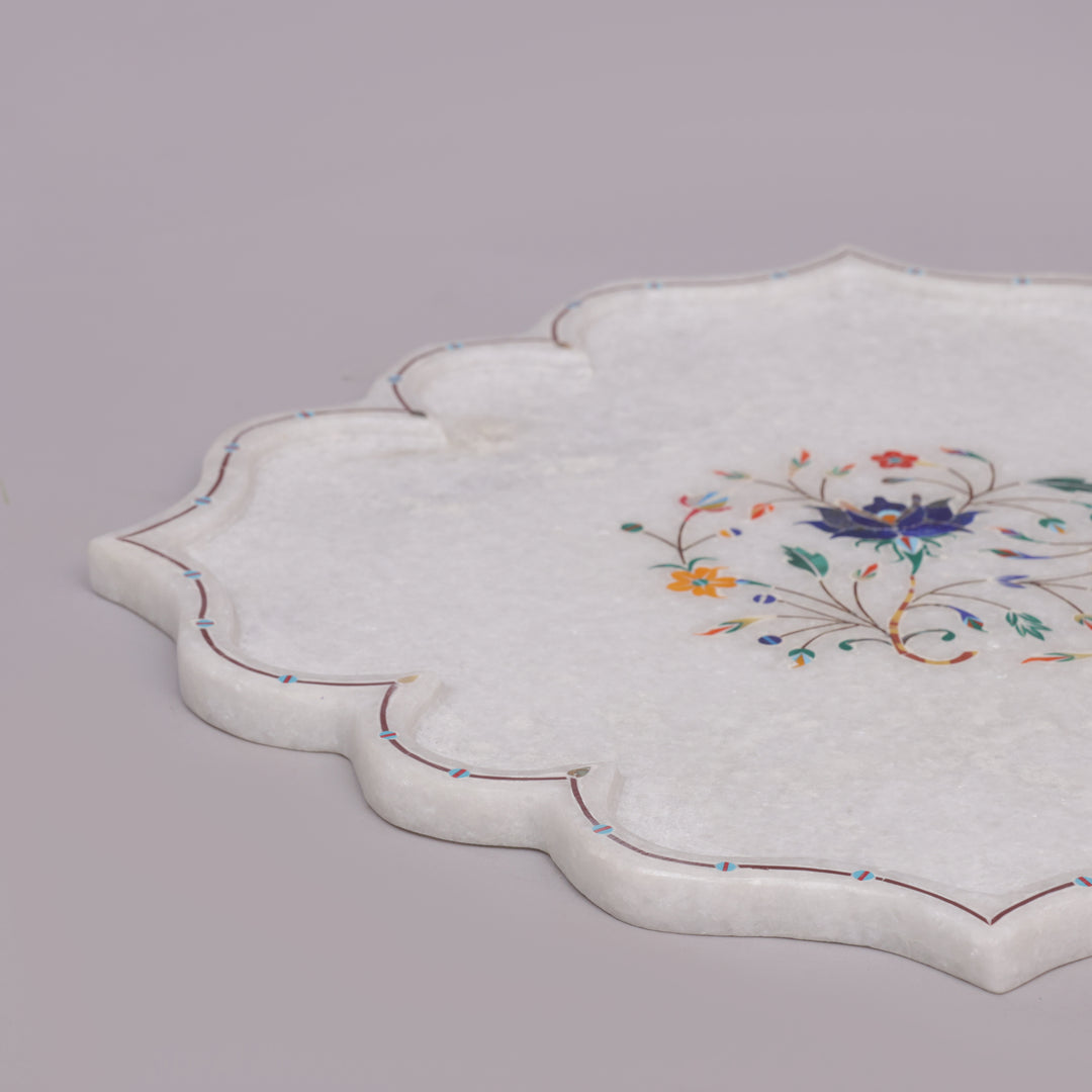White Marble Pietra Dura Decorative Plate With Lotus-Petal Shape
