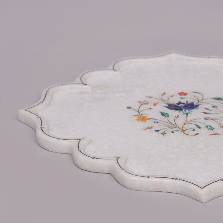 White Marble Pietra Dura Decorative Plate With Lotus-Petal Shape