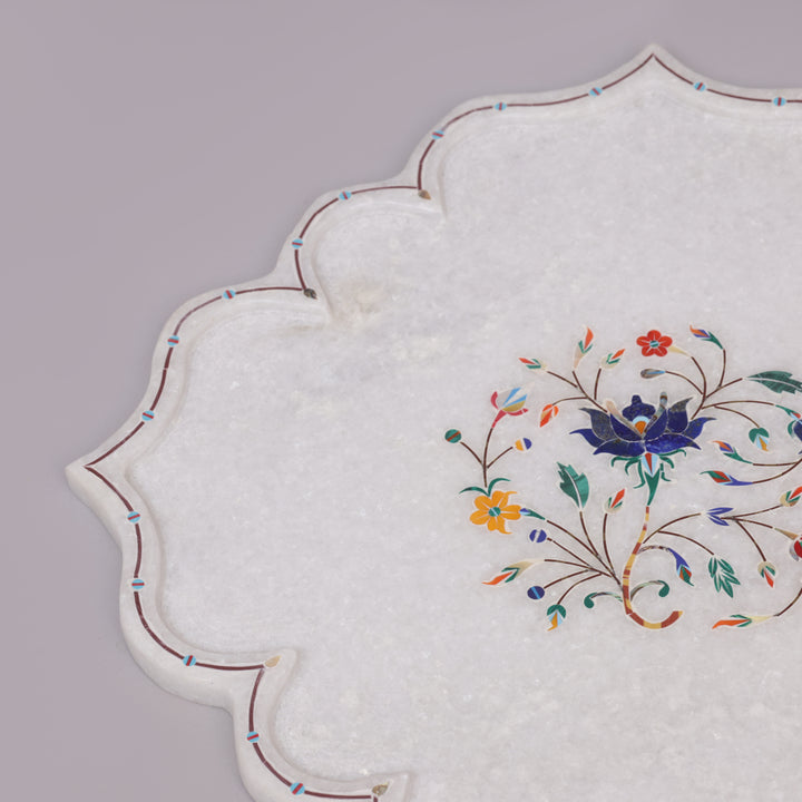 White Marble Pietra Dura Decorative Plate With Lotus-Petal Shape