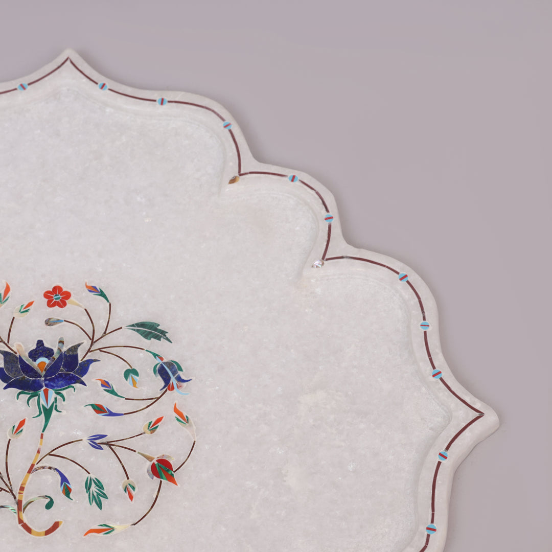 White Marble Pietra Dura Decorative Plate With Lotus-Petal Shape