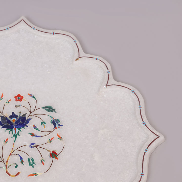 White Marble Pietra Dura Decorative Plate With Lotus-Petal Shape