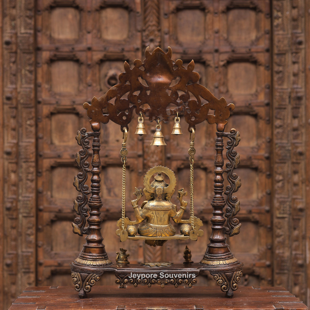Handcrafted Brass Swing Ganesha with Ornamental Temple Arch &amp; Hanging Bells