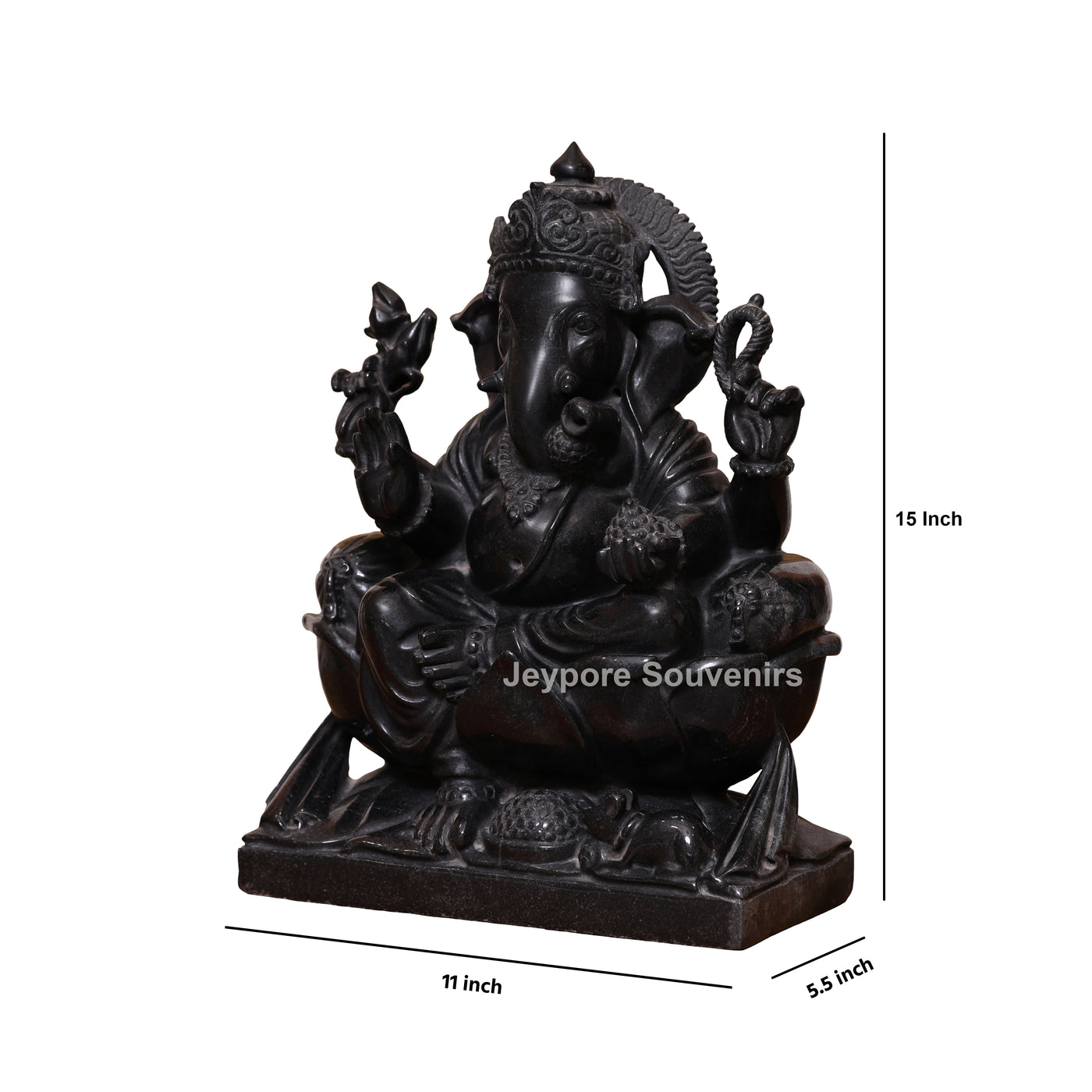 15" Pure Black Marble Handcrafted Sitting Lord Ganesha Idol