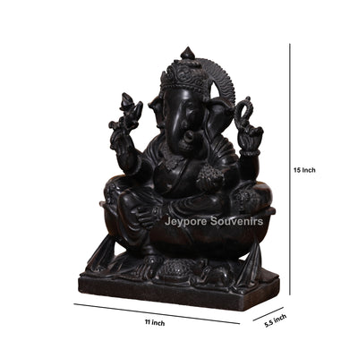 15" Pure Black Marble Handcrafted Sitting Lord Ganesha Idol