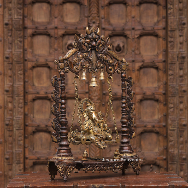 Handcrafted Brass Swing Ganesha with Ornamental Temple Arch &amp; Hanging Bells