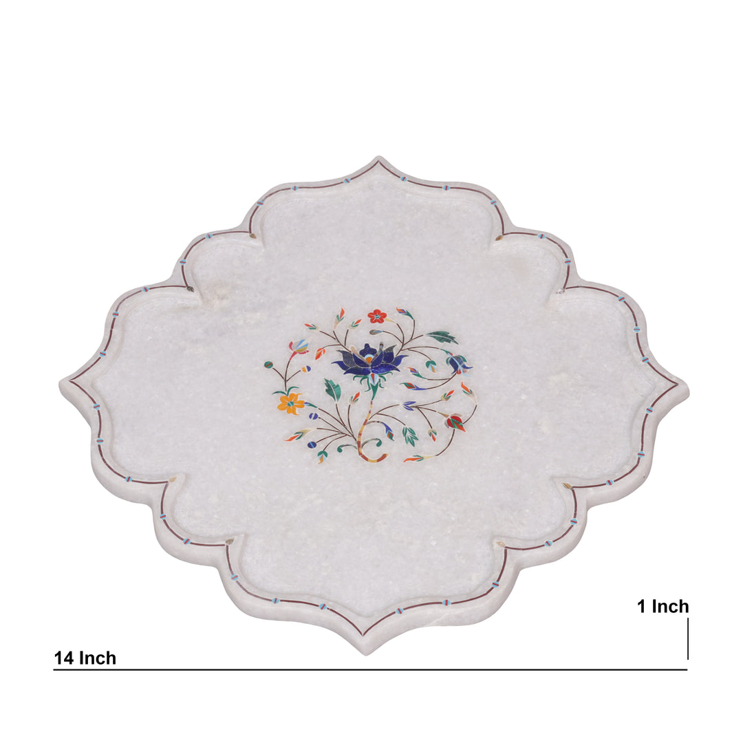 White Marble Pietra Dura Decorative Plate With Lotus-Petal Shape