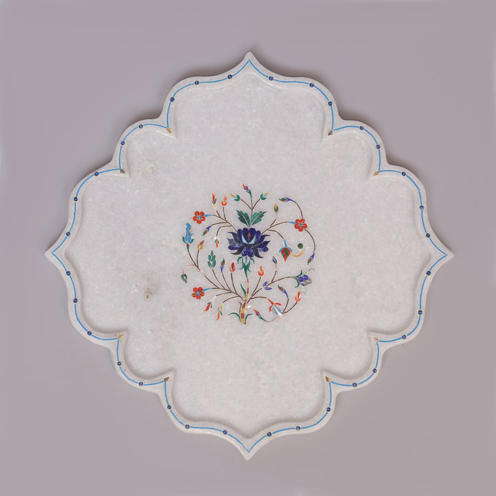 White Marble Pietra Dura Lotus Design Plate With Floral Inlay Art