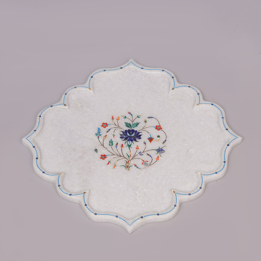 White Marble Pietra Dura Lotus Design Plate With Floral Inlay Art