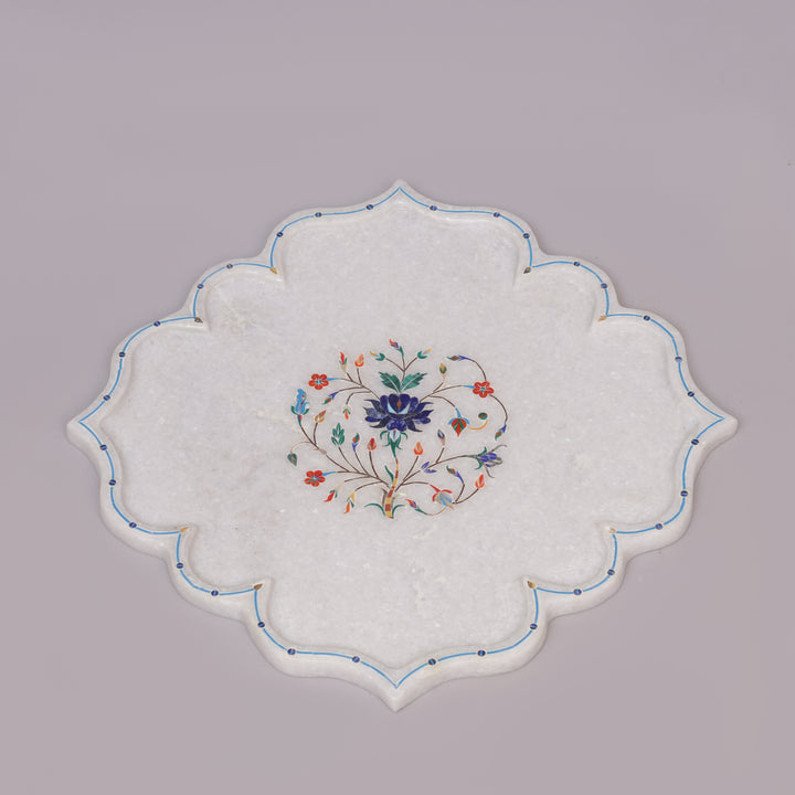 White Marble Pietra Dura Lotus Design Plate With Floral Inlay Art