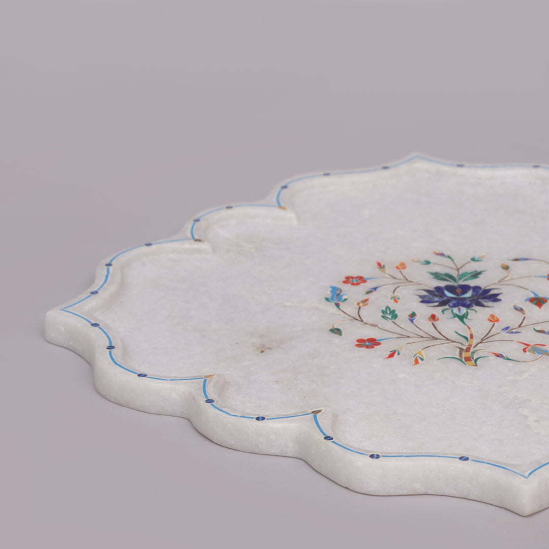 White Marble Pietra Dura Lotus Design Plate With Floral Inlay Art