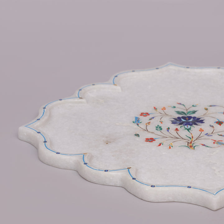 White Marble Pietra Dura Lotus Design Plate With Floral Inlay Art