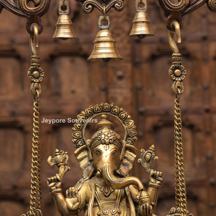 Handcrafted Brass Swing Ganesha with Ornamental Temple Arch &amp; Hanging Bells