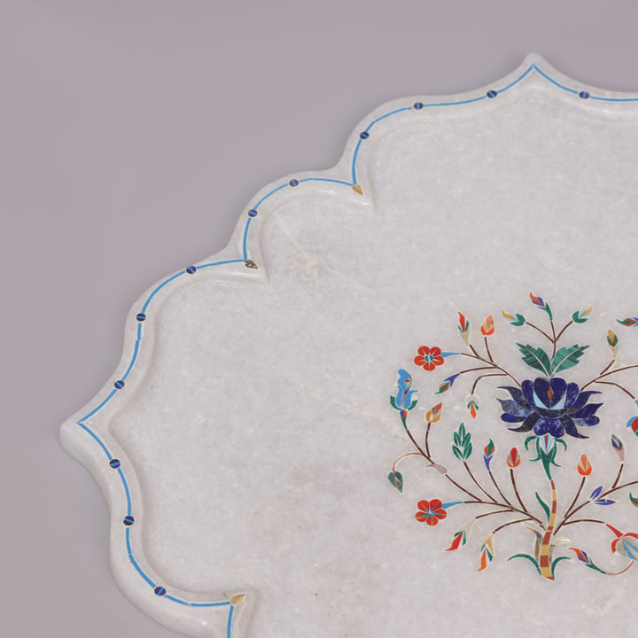White Marble Pietra Dura Lotus Design Plate With Floral Inlay Art