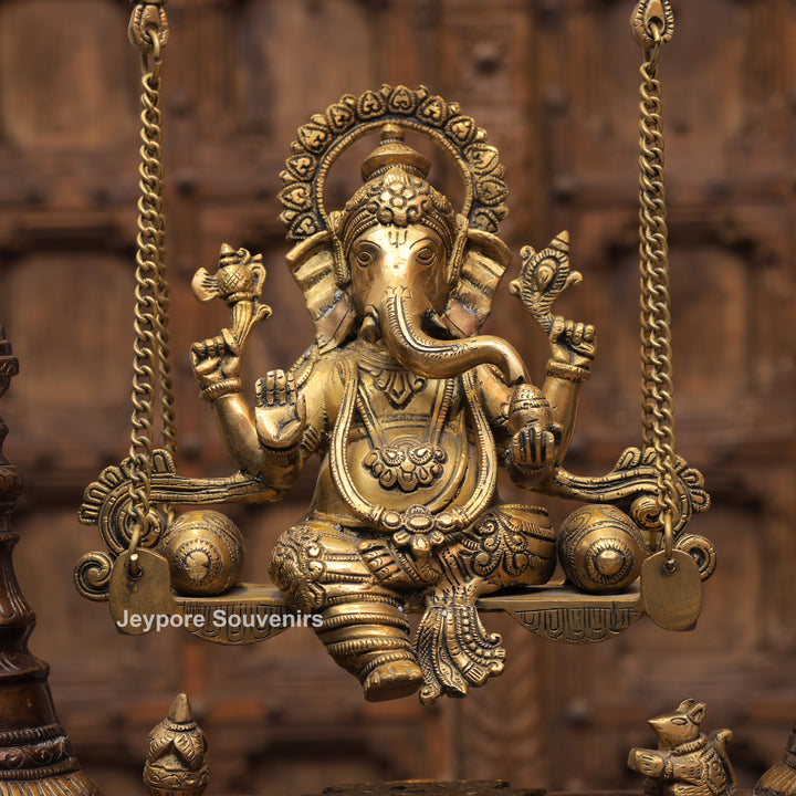 Handcrafted Brass Swing Ganesha with Ornamental Temple Arch &amp; Hanging Bells