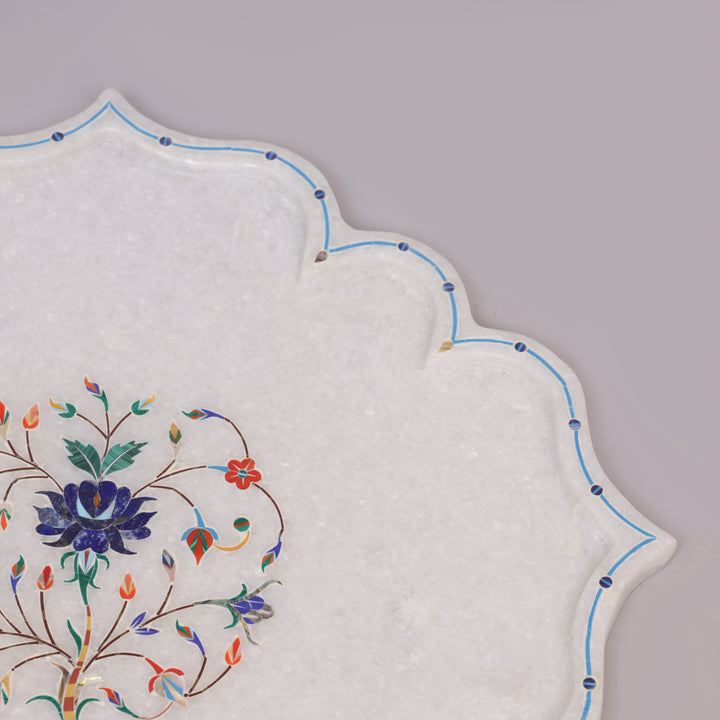 White Marble Pietra Dura Lotus Design Plate With Floral Inlay Art