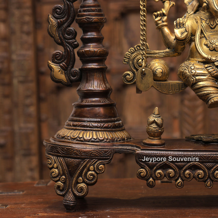 Handcrafted Brass Swing Ganesha with Ornamental Temple Arch &amp; Hanging Bells