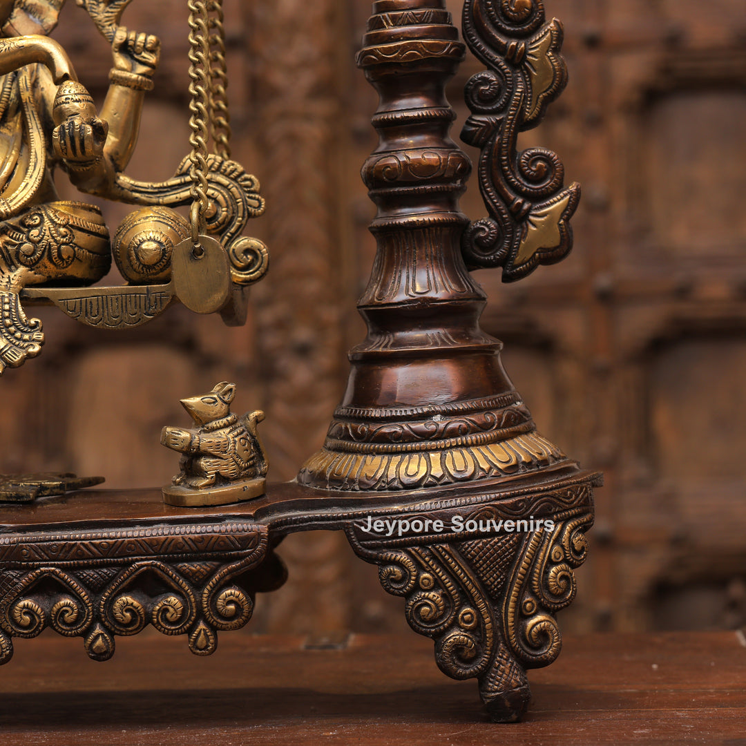 Handcrafted Brass Swing Ganesha with Ornamental Temple Arch &amp; Hanging Bells
