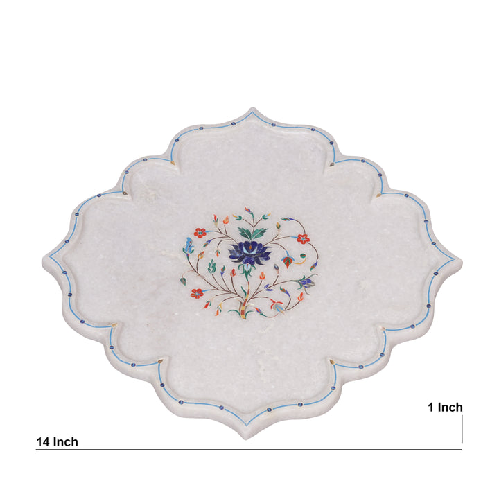 White Marble Pietra Dura Lotus Design Plate With Floral Inlay Art