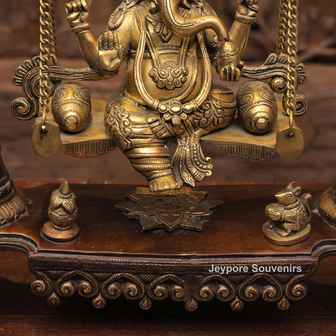 Handcrafted Brass Swing Ganesha with Ornamental Temple Arch &amp; Hanging Bells