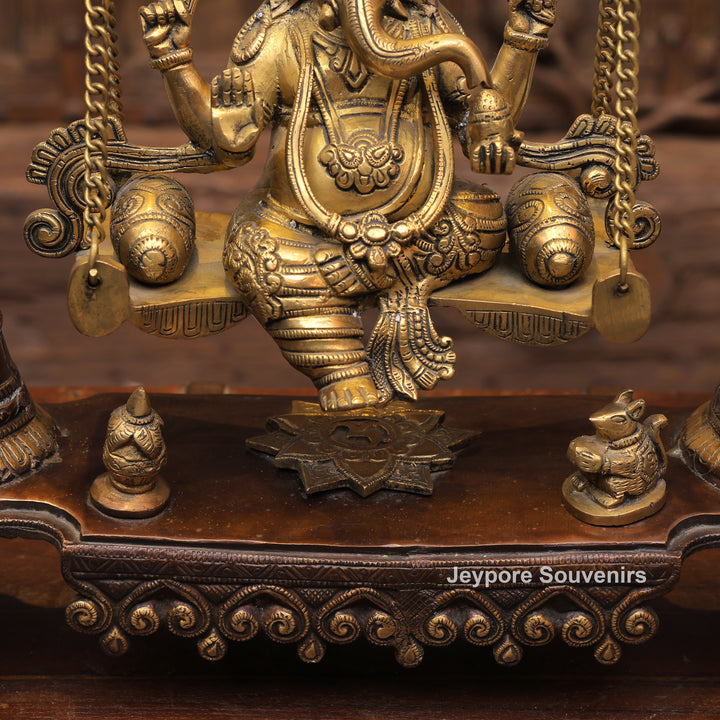 Handcrafted Brass Swing Ganesha with Ornamental Temple Arch &amp; Hanging Bells