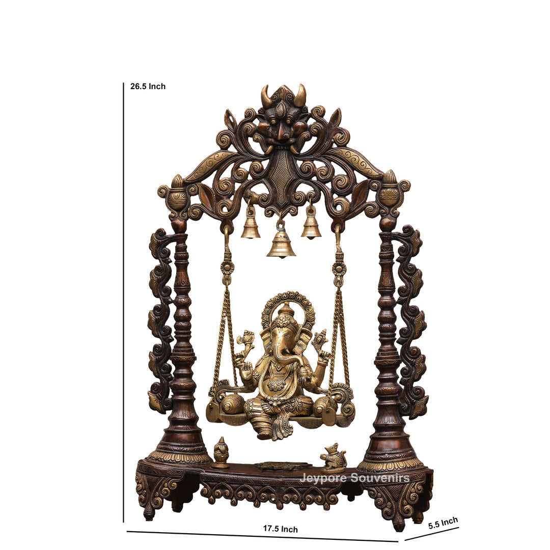 Handcrafted Brass Swing Ganesha with Ornamental Temple Arch &amp; Hanging Bells