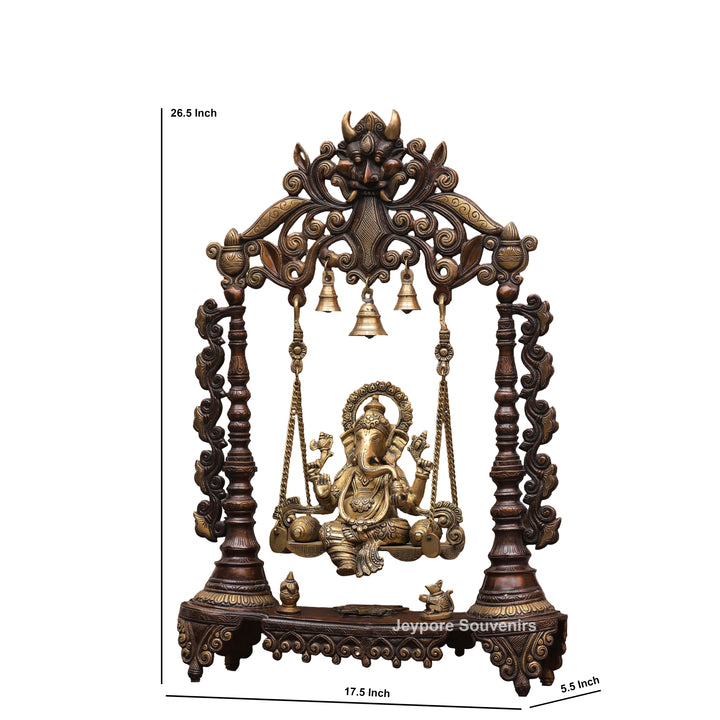 Handcrafted Brass Swing Ganesha with Ornamental Temple Arch &amp; Hanging Bells