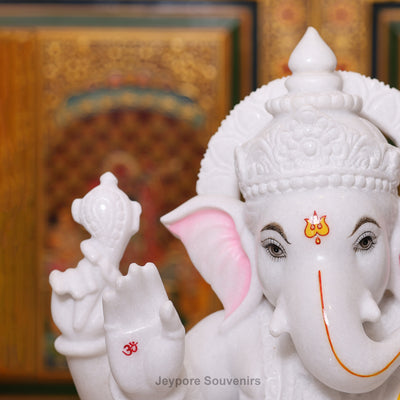 15" Handcrafted White Marble Lord Ganesha Idol