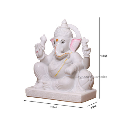 15" Handcrafted White Marble Lord Ganesha Idol
