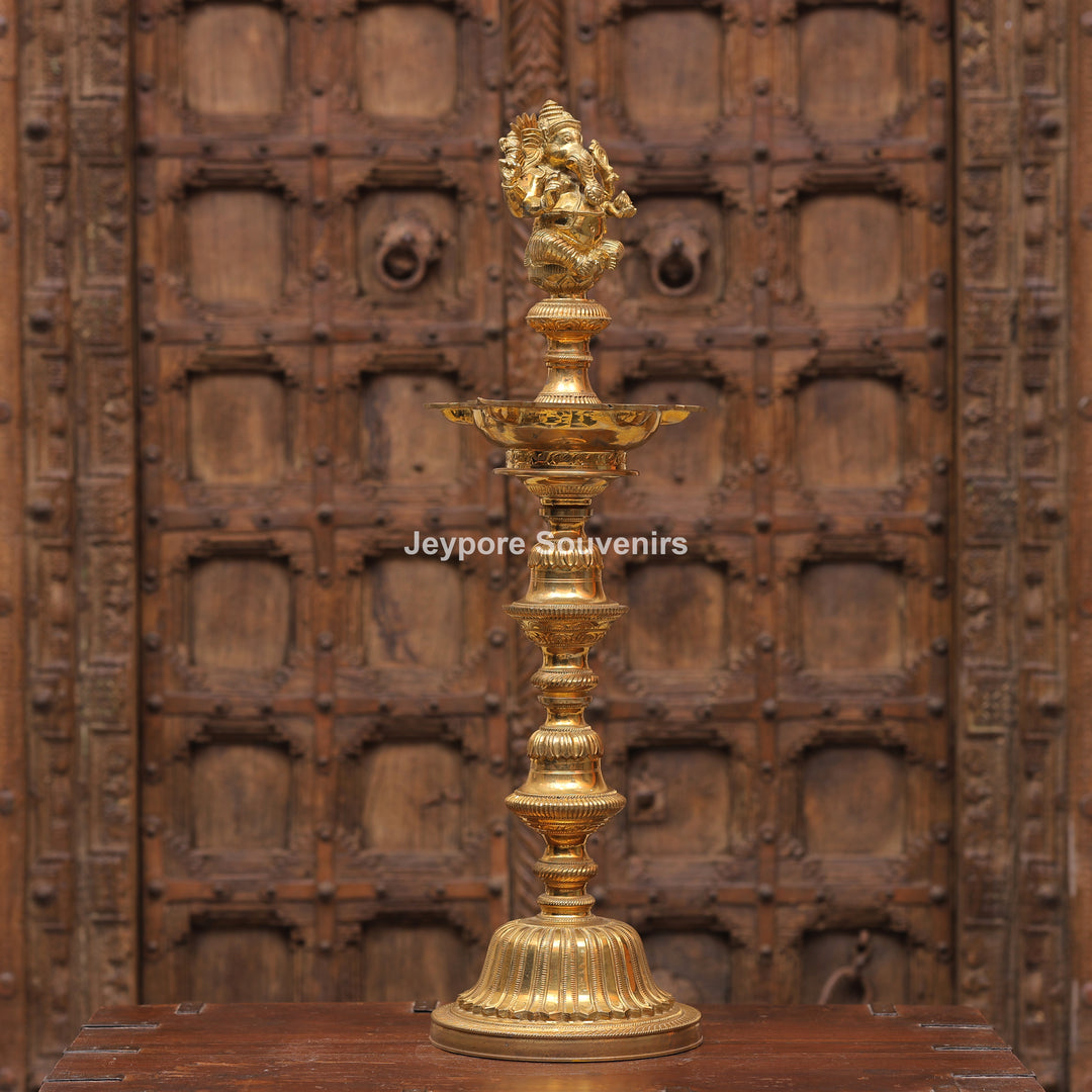 Antique Finish Brass Ganesha &amp; Lakshmi Lamp (Deepam) Pair