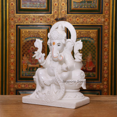 18" Lord Ganesha Idol in Pure White Marble For Home Temple