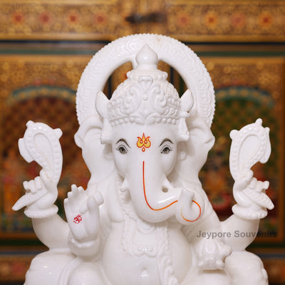 18" Lord Ganesha Idol in Pure White Marble For Home Temple