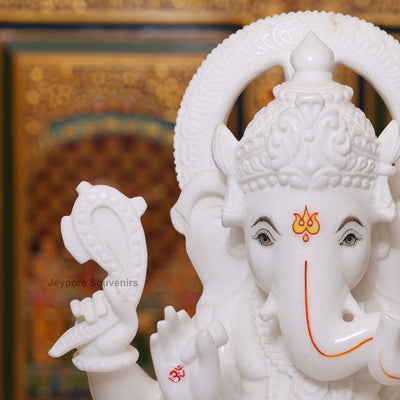 18" Lord Ganesha Idol in Pure White Marble For Home Temple