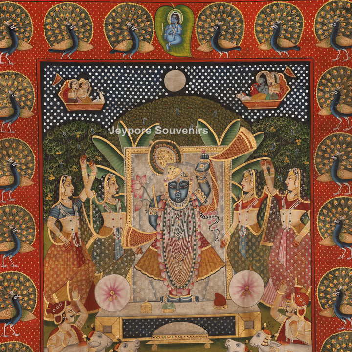 Shrinathji with Sacred Cows &amp; Peacocks - Pichwai