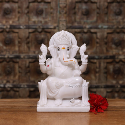 12" Pure White Marble Lakshmi Ganesha Saraswati Statues Set - Handcrafted by Indian Artisans