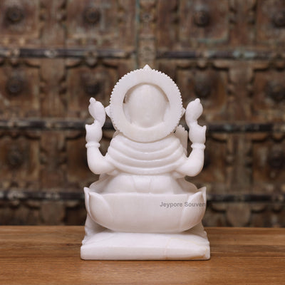 12" Pure White Marble Lakshmi Ganesha Saraswati Statues Set - Handcrafted by Indian Artisans
