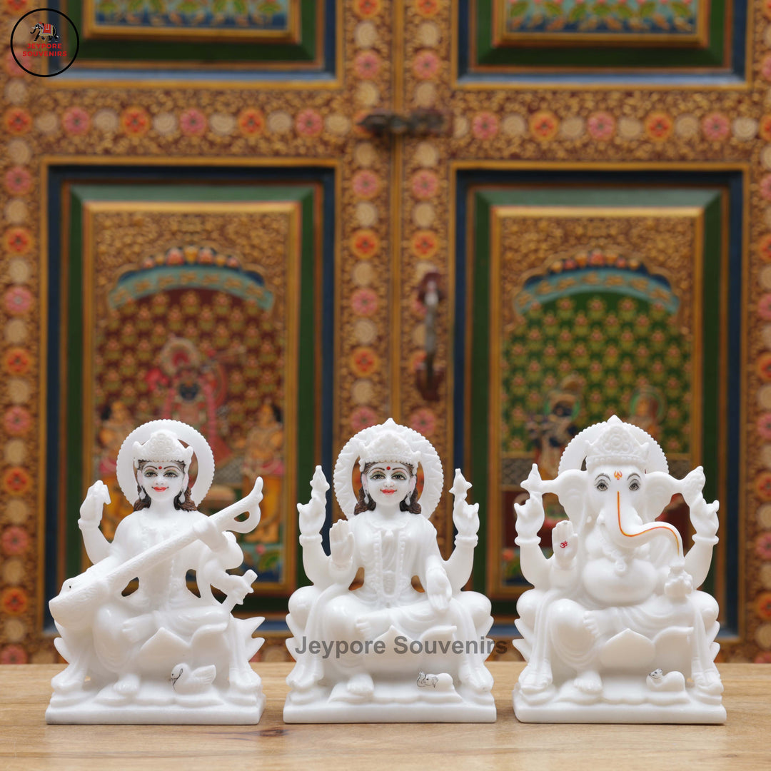 Handcrafted White Marble Lakshmi, Saraswati &amp; Ganesha Marble Idol Set