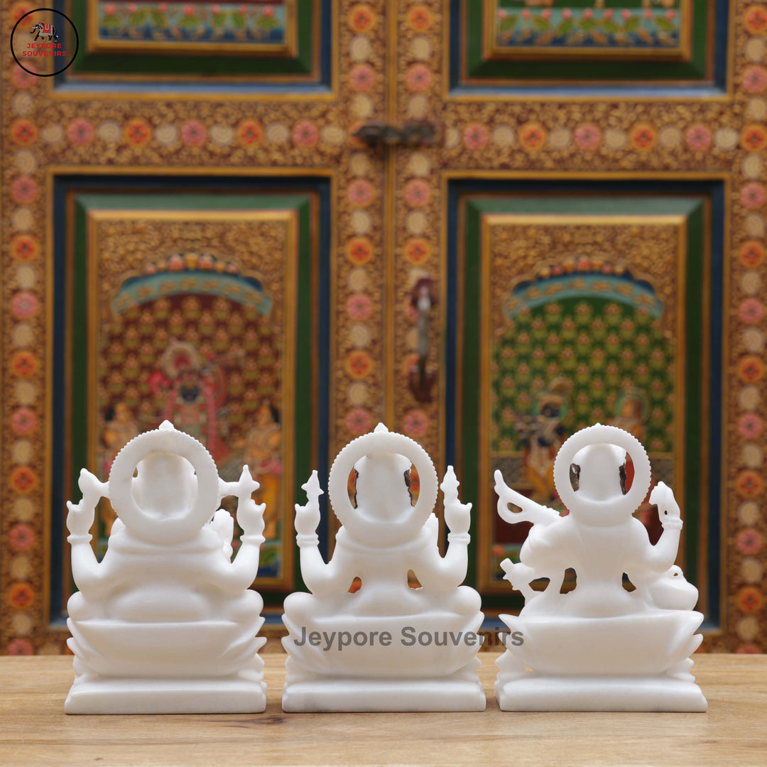 Handcrafted White Marble Lakshmi, Saraswati &amp; Ganesha Marble Idol Set