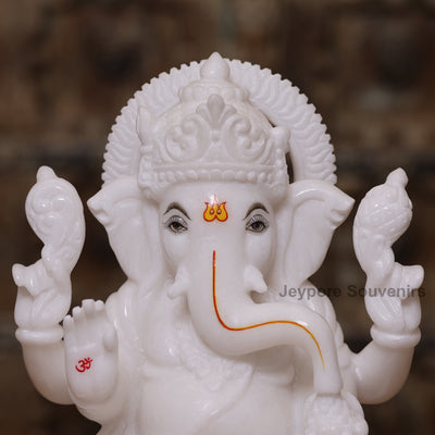 12" Pure White Marble Lakshmi Ganesha Saraswati Statues Set - Handcrafted by Indian Artisans