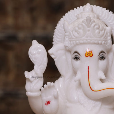 12" Pure White Marble Lakshmi Ganesha Saraswati Statues Set - Handcrafted by Indian Artisans