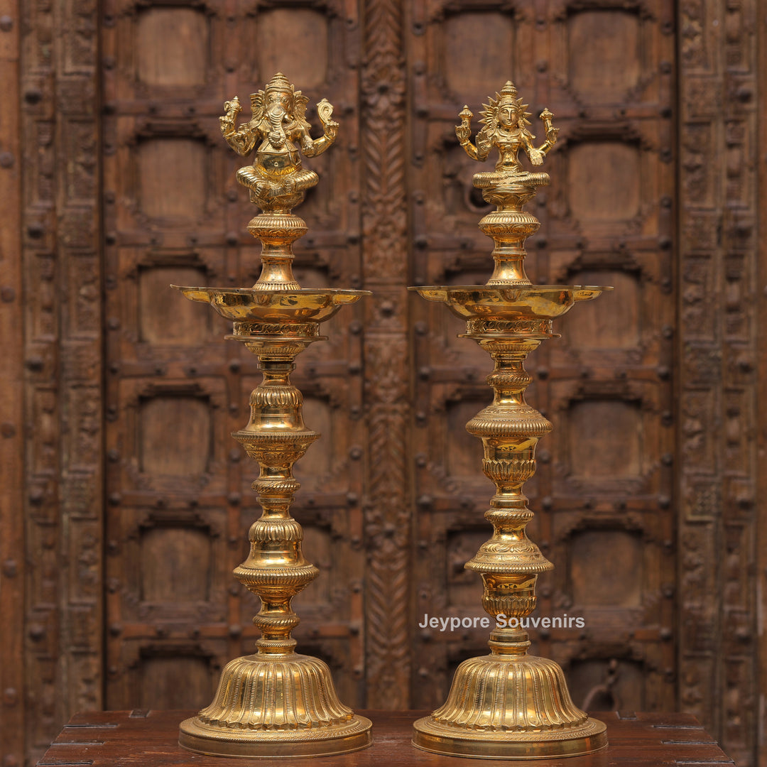 Antique Finish Brass Ganesha &amp; Lakshmi Lamp (Deepam) Pair