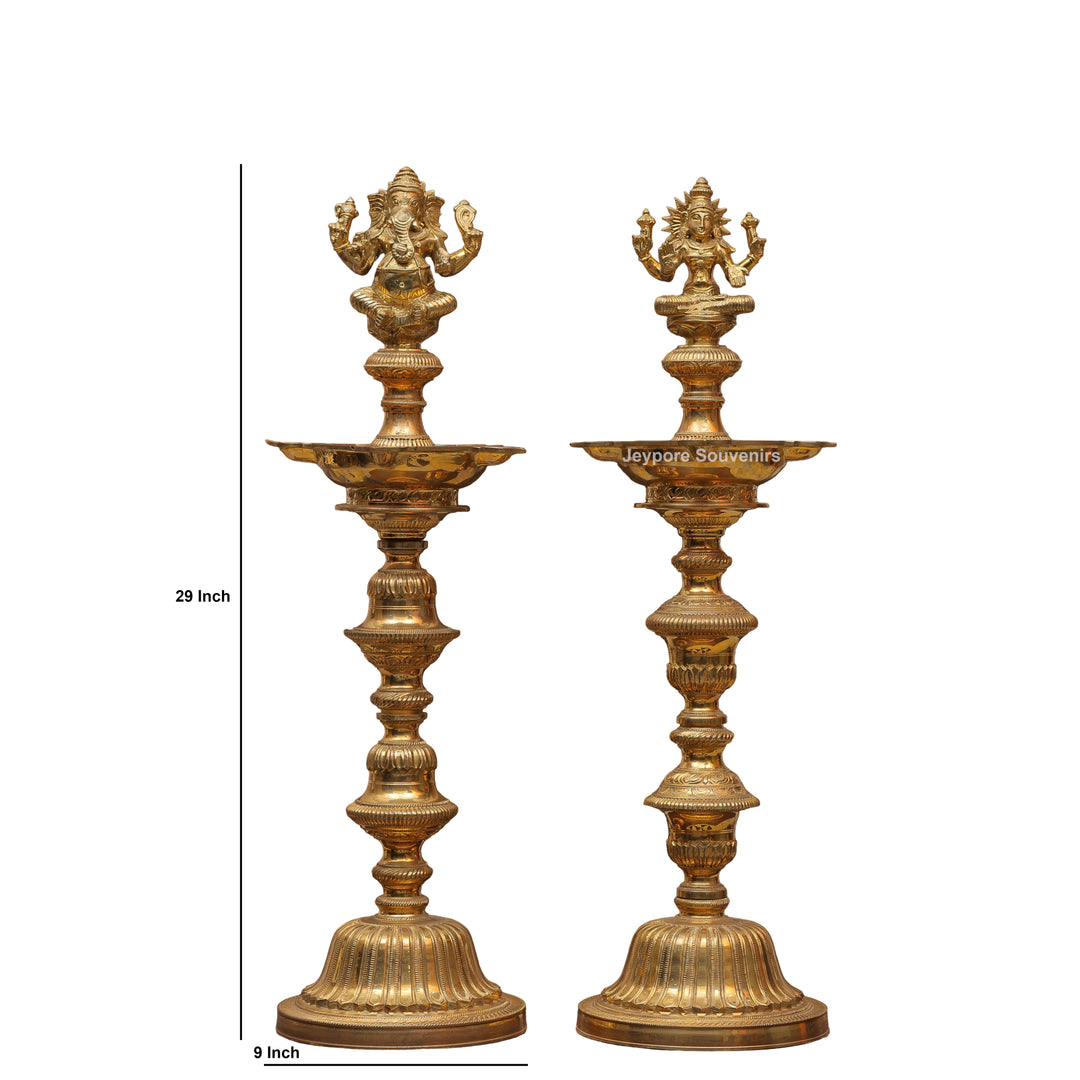 Antique Finish Brass Ganesha &amp; Lakshmi Lamp (Deepam) Pair