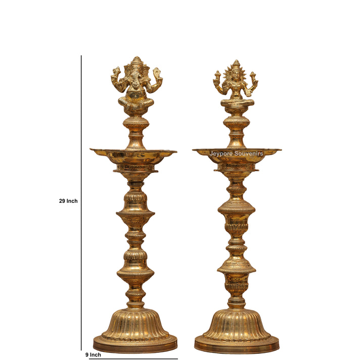 Antique Finish Brass Ganesha &amp; Lakshmi Lamp (Deepam) Pair