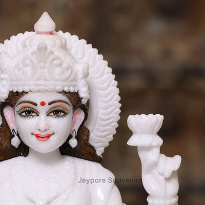 12" Pure White Marble Lakshmi Ganesha Saraswati Statues Set - Handcrafted by Indian Artisans