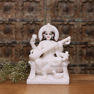 12" Pure White Marble Lakshmi Ganesha Saraswati Statues Set - Handcrafted by Indian Artisans