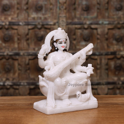 12" Pure White Marble Lakshmi Ganesha Saraswati Statues Set - Handcrafted by Indian Artisans