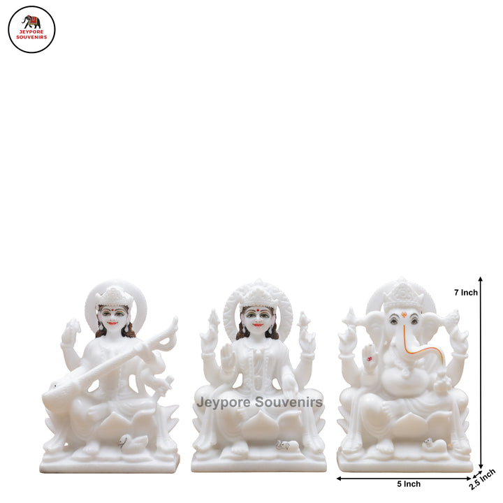 Handcrafted White Marble Lakshmi, Saraswati &amp; Ganesha Marble Idol Set