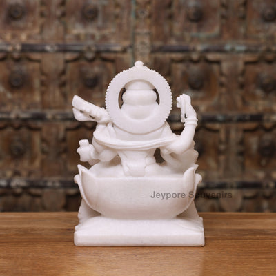 12" Pure White Marble Lakshmi Ganesha Saraswati Statues Set - Handcrafted by Indian Artisans